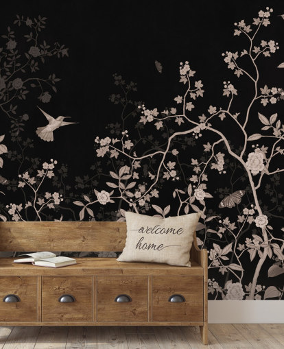dark jungle wallpaper called Dark Birds and Butterflies at Wallsauce for bedrooms, living rooms and bathrooms