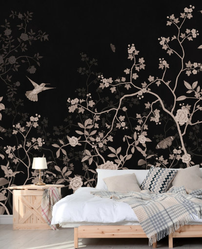 mørkt jungel tapet kalt Dark Birds and Butterflies på Wallsauce for soverom, stuer og bad mørkt jungel tapet kalt Dark Birds and Butterflies på Wallsauce for soverom, stuer og bad