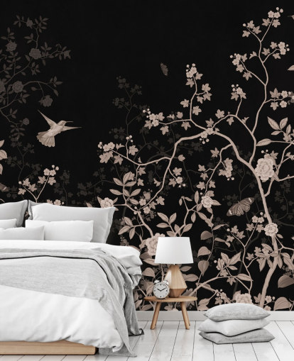 mørkt jungle tapet kaldet Dark Birds and Butterflies på Wallsauce til soveværelser, stuer og badeværelser mørkt jungle tapet kaldet Dark Birds and Butterflies på Wallsauce til soveværelser, stuer og badeværelser