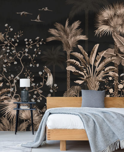 mural de papel pintado de chinoiserie oscuro llamado Hanging Tropical Palm Trees Blue para salas de estar y dormitorios