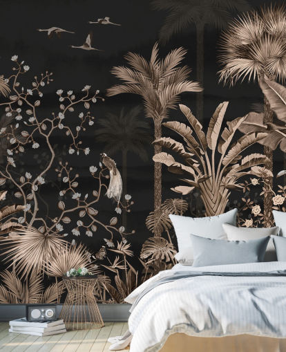 carta da parati murale in cineserie scura chiamata Hanging Tropical Palm Trees Blue per salotti e camere da letto