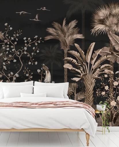 tumma chinoiserie-taustakuvamaalaus nimeltä Hanging Tropical Palm Trees Blue olohuoneisiin ja makuuhuoneisiin