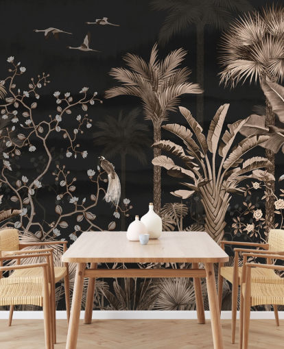 mural de papel pintado de chinoiserie oscuro llamado Hanging Tropical Palm Trees Blue para salas de estar y dormitorios