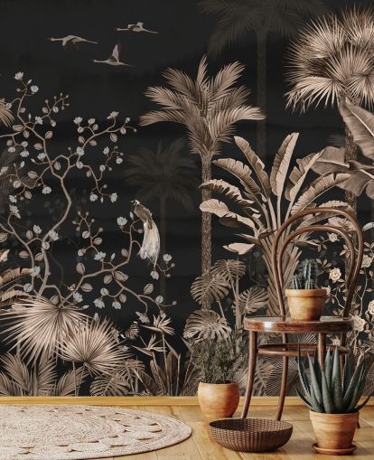 mørkt chinoiserie tapetmaleri kalt Hanging Tropical Palm Trees Blue for stuer og soverom