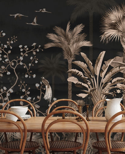 mörk chinoiserie tapetväggmålning kallad Hanging Tropical Palm Trees Blue för vardagsrum och sovrum