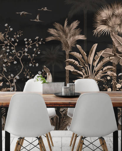 mørkt chinoiserie tapetmaleri kalt Hanging Tropical Palm Trees Blue for stuer og soverom