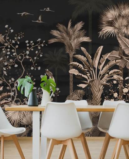 mørkt chinoiserie tapetmaleri kalt Hanging Tropical Palm Trees Blue for stuer og soverom