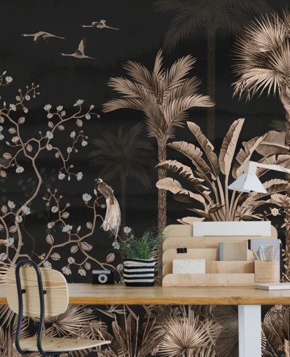 donkere chinoiserie behangmuurschildering genaamd Hanging Tropical Palm Trees Blue voor woon- en slaapkamers donkere chinoiserie behangmuurschildering genaamd Hanging Tropical Palm Trees Blue voor woon- en slaapkamers