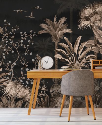 mørkt chinoiserie tapetmaleri kaldet Hanging Tropical Palm Trees Blue til stuer og soveværelser mørkt chinoiserie tapetmaleri kaldet Hanging Tropical Palm Trees Blue til stuer og soveværelser