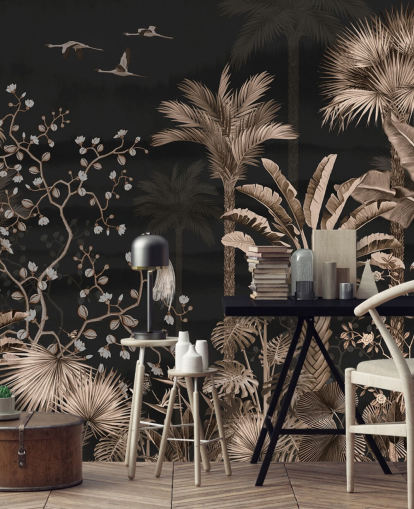 mørkt chinoiserie tapetmaleri kalt Hanging Tropical Palm Trees Blue for stuer og soverom