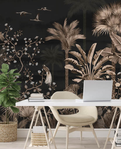 dunkles Chinoiserie-Tapetenbild mit dem Titel Hanging Tropical Palm Trees Blue für Wohn- und Schlafzimmer dunkles Chinoiserie-Tapetenbild mit dem Titel Hanging Tropical Palm Trees Blue für Wohn- und Schlafzimmer