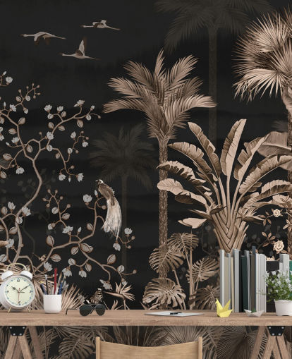 tumma chinoiserie-taustakuvamaalaus nimeltä Hanging Tropical Palm Trees Blue olohuoneisiin ja makuuhuoneisiin tumma chinoiserie-taustakuvamaalaus nimeltä Hanging Tropical Palm Trees Blue olohuoneisiin ja makuuhuoneisiin
