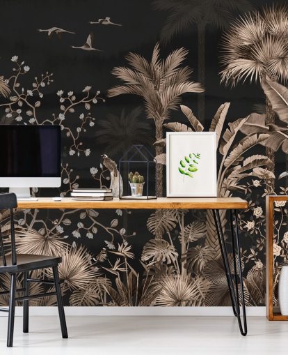 dunkles Chinoiserie-Tapetenbild mit dem Titel Hanging Tropical Palm Trees Blue für Wohn- und Schlafzimmer