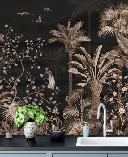 papier peint mural en chinoiserie foncée appelé Hanging Tropical Palm Trees Blue pour les salons et les chambres