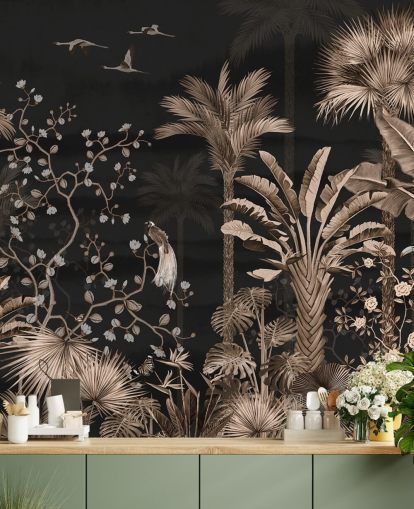 mural de papel pintado de chinoiserie oscuro llamado Hanging Tropical Palm Trees Blue para salas de estar y dormitorios