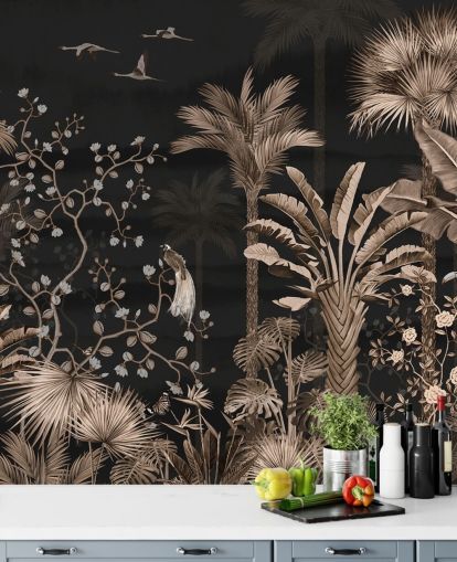 carta da parati murale in cineserie scura chiamata Hanging Tropical Palm Trees Blue per salotti e camere da letto