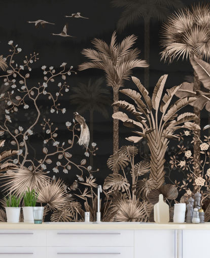 tumma chinoiserie-taustakuvamaalaus nimeltä Hanging Tropical Palm Trees Blue olohuoneisiin ja makuuhuoneisiin tumma chinoiserie-taustakuvamaalaus nimeltä Hanging Tropical Palm Trees Blue olohuoneisiin ja makuuhuoneisiin