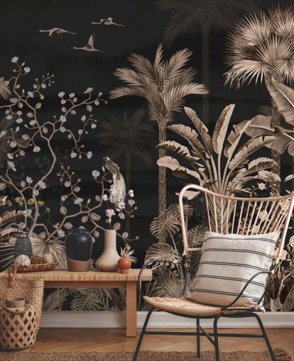 mørkt chinoiserie tapetmaleri kalt Hanging Tropical Palm Trees Blue for stuer og soverom