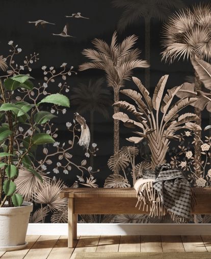 papier peint mural en chinoiserie foncée appelé Hanging Tropical Palm Trees Blue pour les salons et les chambres