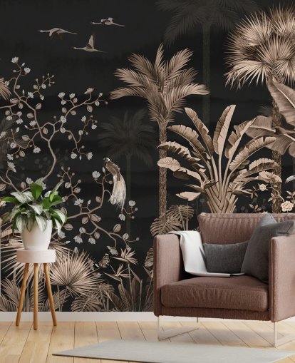 mørkt chinoiserie tapetmaleri kalt Hanging Tropical Palm Trees Blue for stuer og soverom