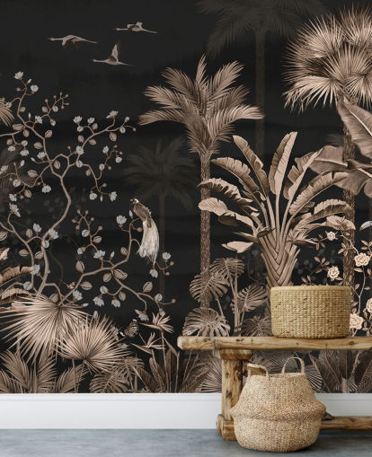 dark chinoiserie wallpaper mural called Hanging Tropical Palm Trees Blue for living rooms and bedrooms