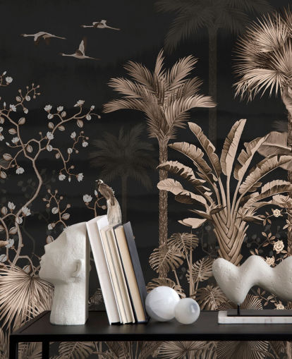 dark chinoiserie wallpaper mural called Hanging Tropical Palm Trees Blue for living rooms and bedrooms dark chinoiserie wallpaper mural called Hanging Tropical Palm Trees Blue for living rooms and bedrooms