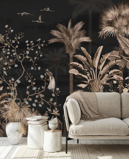 dark chinoiserie wallpaper mural called Hanging Tropical Palm Trees Blue for living rooms and bedrooms