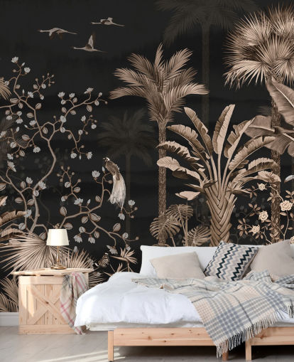 mørkt chinoiserie tapetmaleri kaldet Hanging Tropical Palm Trees Blue til stuer og soveværelser