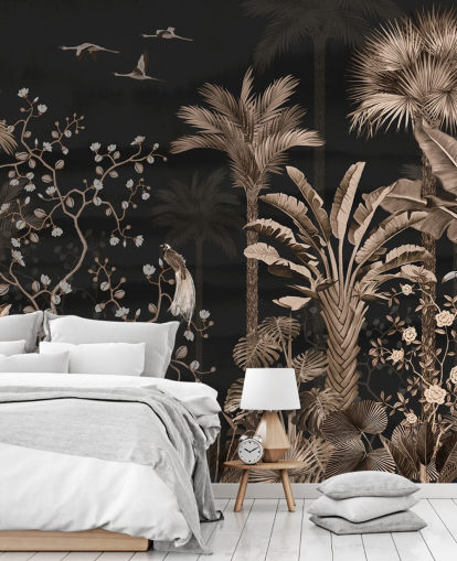 dark chinoiserie wallpaper mural called Hanging Tropical Palm Trees Blue for living rooms and bedrooms
