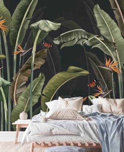 mörk palm tapet kallad Palm Trees and Butterflies Dark at Wallsauce för sovrum mörk palm tapet kallad Palm Trees and Butterflies Dark at Wallsauce för sovrum