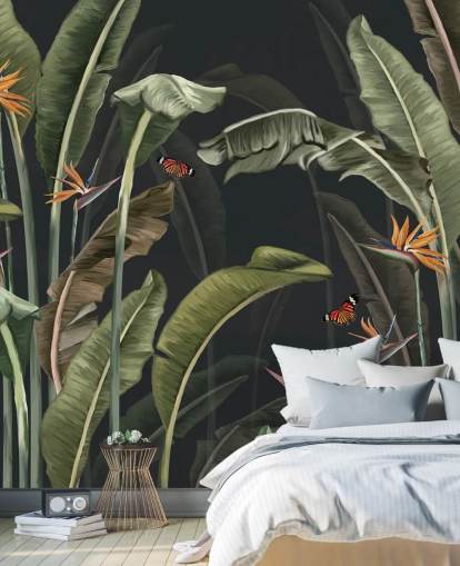 mørkt palmetretapet kalt Palm Trees and Butterflies Dark at Wallsauce for soverom