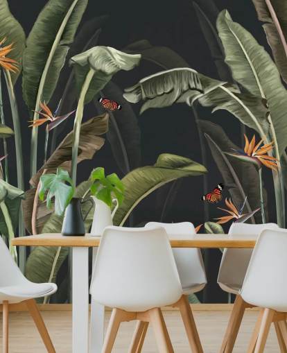 mørkt palmetræstapet kaldet Palm Trees and Butterflies Dark at Wallsauce til soveværelser