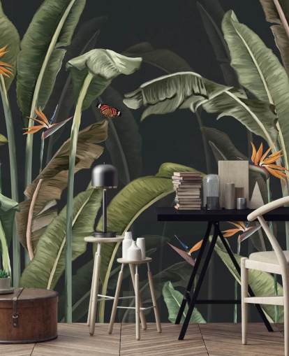 mørkt palmetræstapet kaldet Palm Trees and Butterflies Dark at Wallsauce til soveværelser