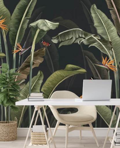 carta da parati con palme scure chiamata Palm Trees and Butterflies Dark at Wallsauce per camere da letto