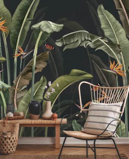 dark palm tree wallpaper called Palm Trees and Butterflies Dark at Wallsauce for bedrooms