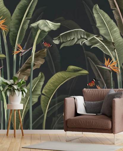 dunkle Palmentapete namens Palm Trees and Butterflies Dark at Wallsauce für Schlafzimmer dunkle Palmentapete namens Palm Trees and Butterflies Dark at Wallsauce für Schlafzimmer