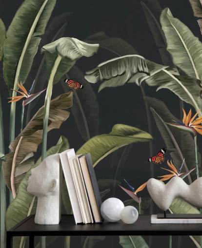 papel de parede de palmeira escura chamado Palm Trees and Butterflies Dark at Wallsauce para quartos