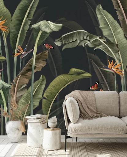 dark palm tree wallpaper called Palm Trees and Butterflies Dark at Wallsauce for bedrooms