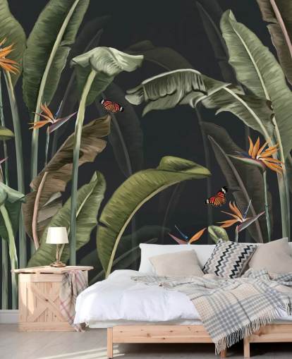 dark palm tree wallpaper called Palm Trees and Butterflies Dark at Wallsauce for bedrooms