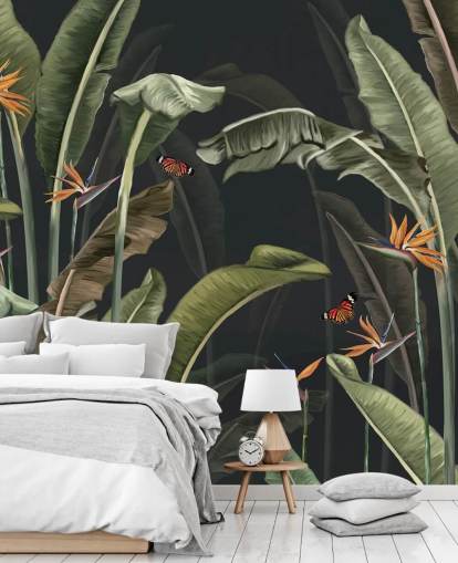 dark palm tree wallpaper called Palm Trees and Butterflies Dark at Wallsauce for bedrooms dark palm tree wallpaper called Palm Trees and Butterflies Dark at Wallsauce for bedrooms