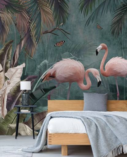 blå flamingo tapetmaleri kalt Flamingo Couple in the Jungle Blue på Wallsauce for soverom og stuer
