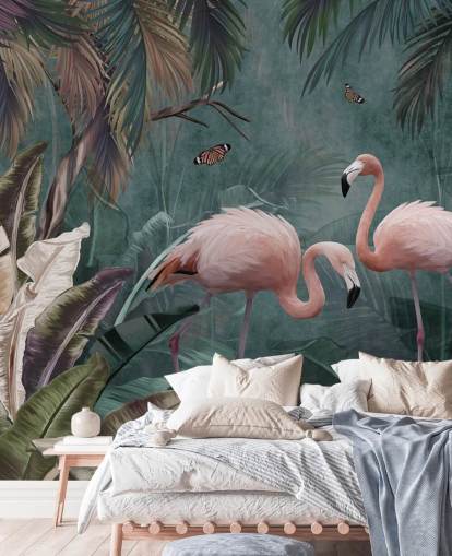 sininen flamingo-taustakuvamaalaus nimeltä Flamingo Couple in the Jungle Blue Wallsaucessa makuuhuoneisiin ja olohuoneisiin