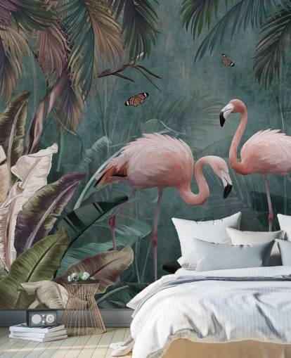 carta da parati murale con fenicotteri blu chiamata Flamingo Couple in the Jungle Blue at Wallsauce per camere da letto e salotti