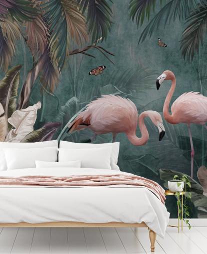 blauwe flamingo behangmuurschildering genaamd Flamingo Couple in the Jungle Blue at Wallsauce voor slaapkamers en woonkamers