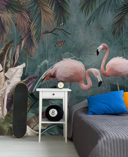 carta da parati murale con fenicotteri blu chiamata Flamingo Couple in the Jungle Blue at Wallsauce per camere da letto e salotti carta da parati murale con fenicotteri blu chiamata Flamingo Couple in the Jungle Blue at Wallsauce per camere da letto e salotti