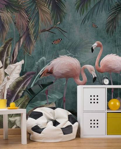 mural de papel pintado de flamencos azules llamado Flamingo Couple in the Jungle Blue at Wallsauce para dormitorios y salas de estar