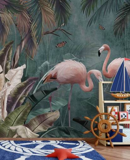 mural de papel de parede de flamingo azul chamado Flamingo Couple in the Jungle Blue at Wallsauce para quartos e salas de estar mural de papel de parede de flamingo azul chamado Flamingo Couple in the Jungle Blue at Wallsauce para quartos e salas de estar