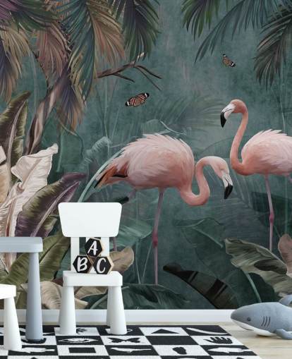 mural de papel pintado de flamencos azules llamado Flamingo Couple in the Jungle Blue at Wallsauce para dormitorios y salas de estar