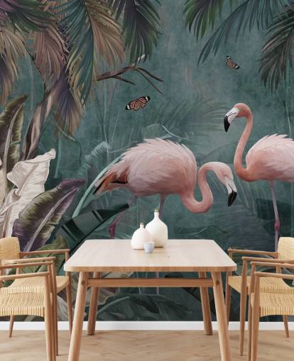blue flamingo wallpaper mural called Flamingo Couple in the Jungle Blue at Wallsauce for bedrooms and living rooms