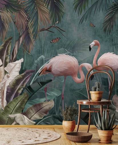 blå flamingo tapetmaleri kalt Flamingo Couple in the Jungle Blue på Wallsauce for soverom og stuer blå flamingo tapetmaleri kalt Flamingo Couple in the Jungle Blue på Wallsauce for soverom og stuer